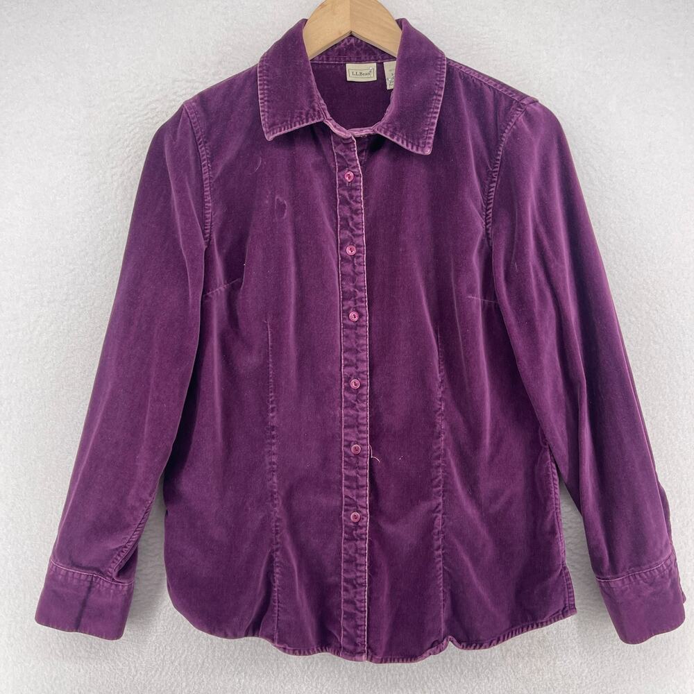 LL BEAN Shirt Womens S Velvet Button Up Long Sleeve Shacket Cotton Purple - Picture 1 of 12